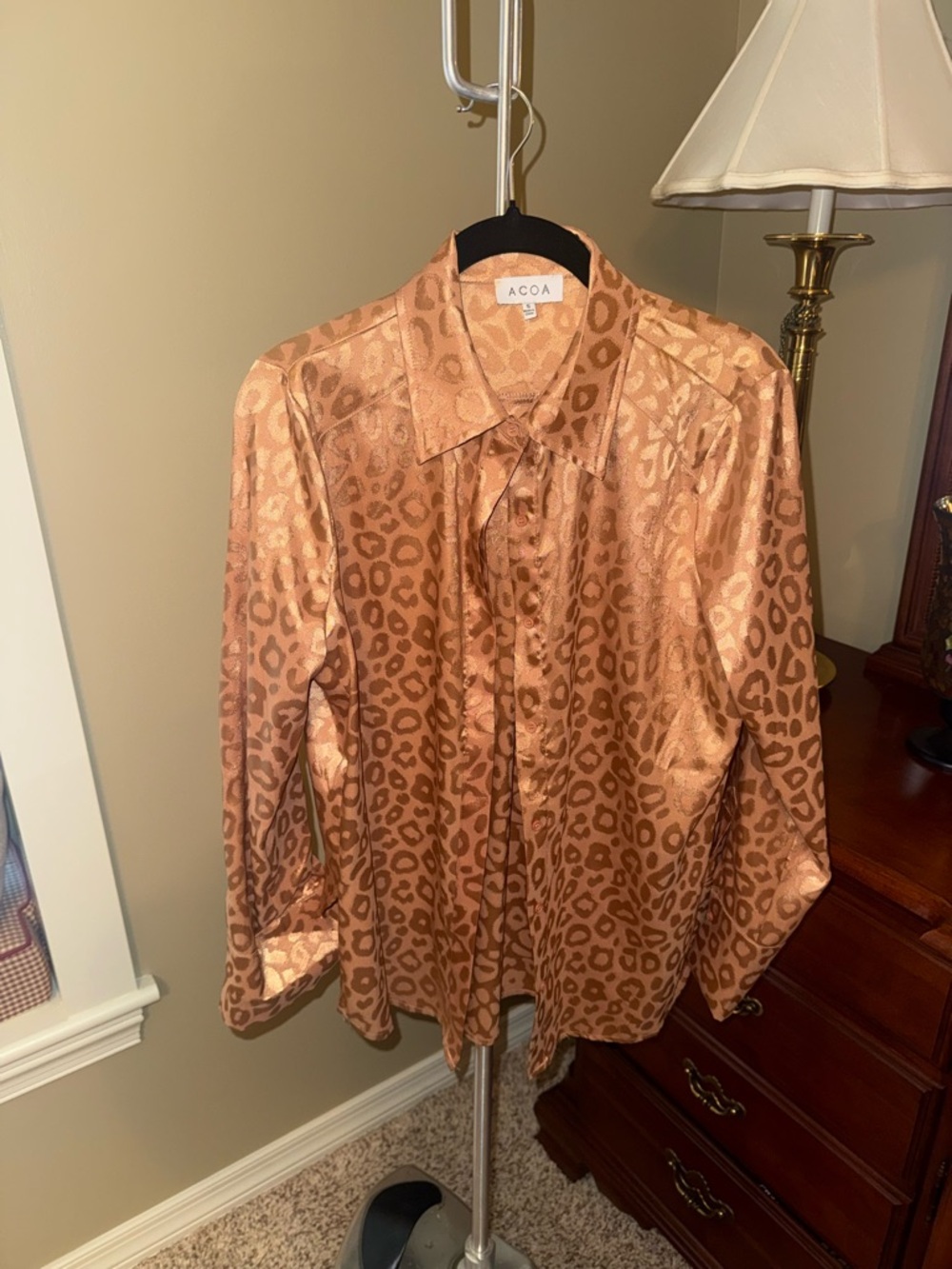 ACOA Copper Satin Leopard Button-Up Shirt